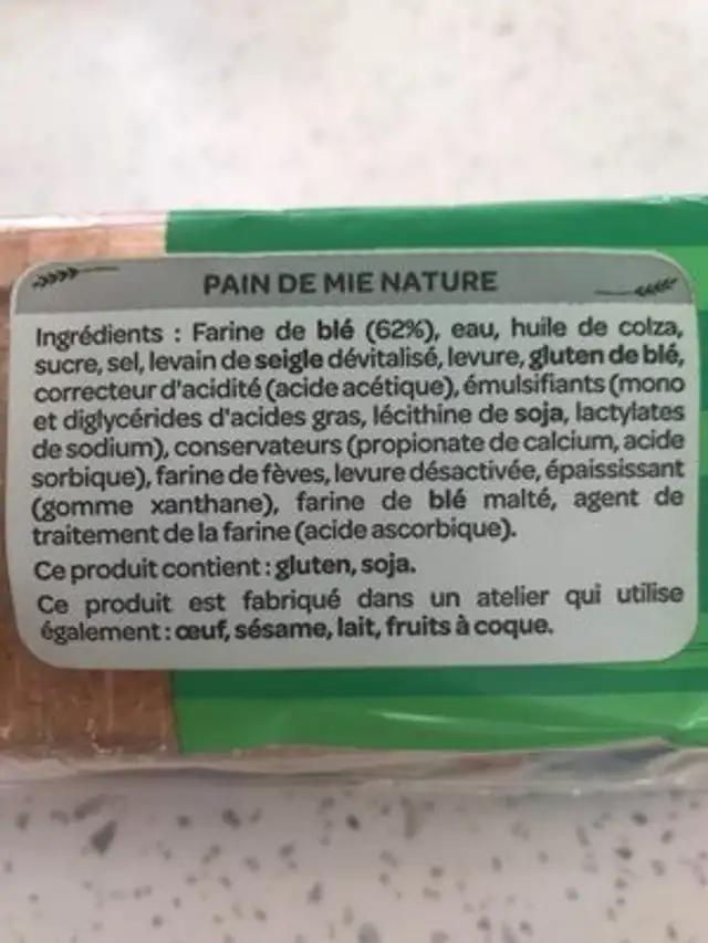 Toasts Nature Pain De Mie ingredients label