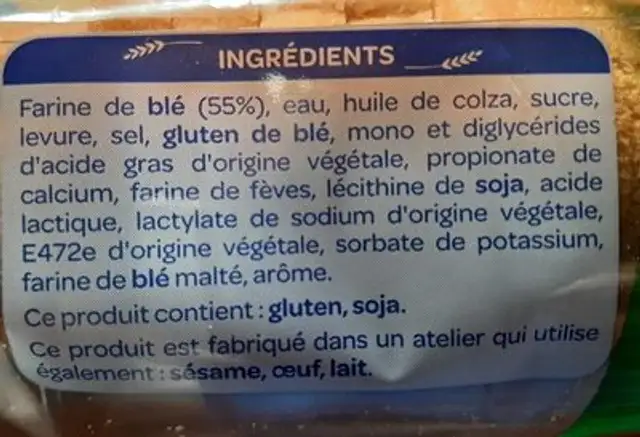 Mini Toast pain de mie nature ingredients label