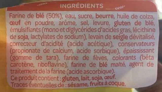 Brioche tranchée vanille ingredients label
