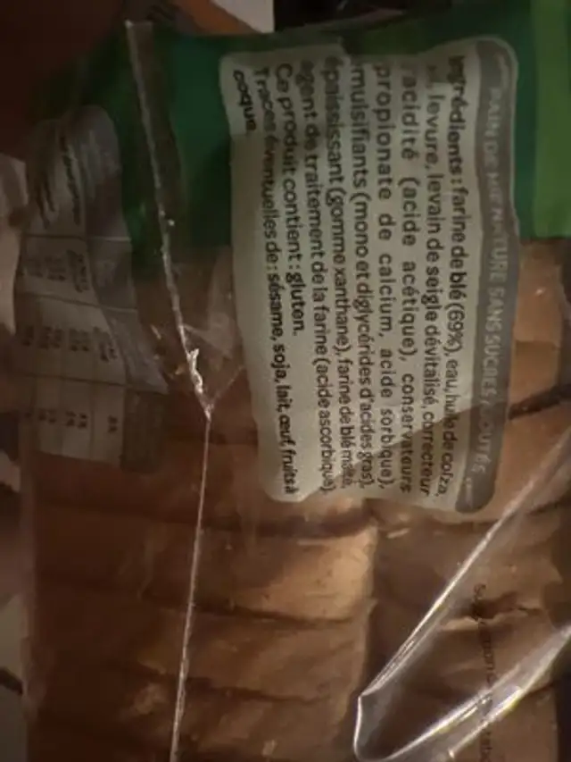 Pain de mie nature ingredients label