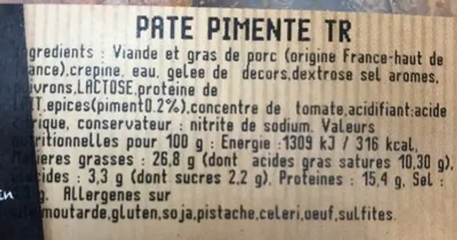 Pâté pimenté nutrition facts table