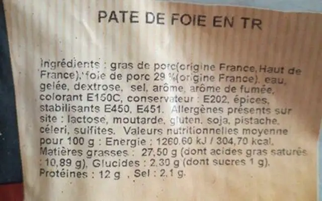 Vasseur, Pate de foie du Nord, le paquet de ingredients label
