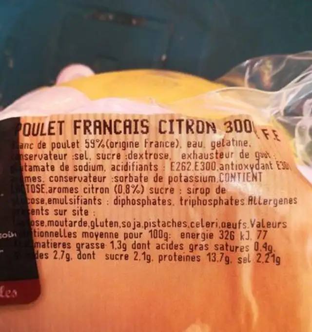 Terrine de poulet français au citron ingredients label
