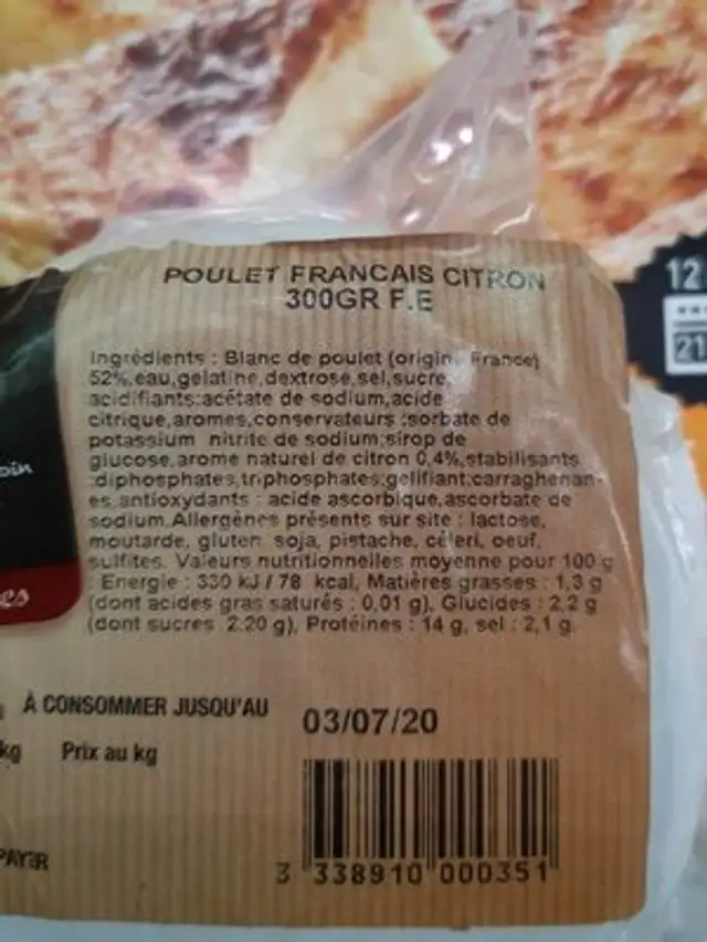 Terrine de poulet français au citron nutrition facts table