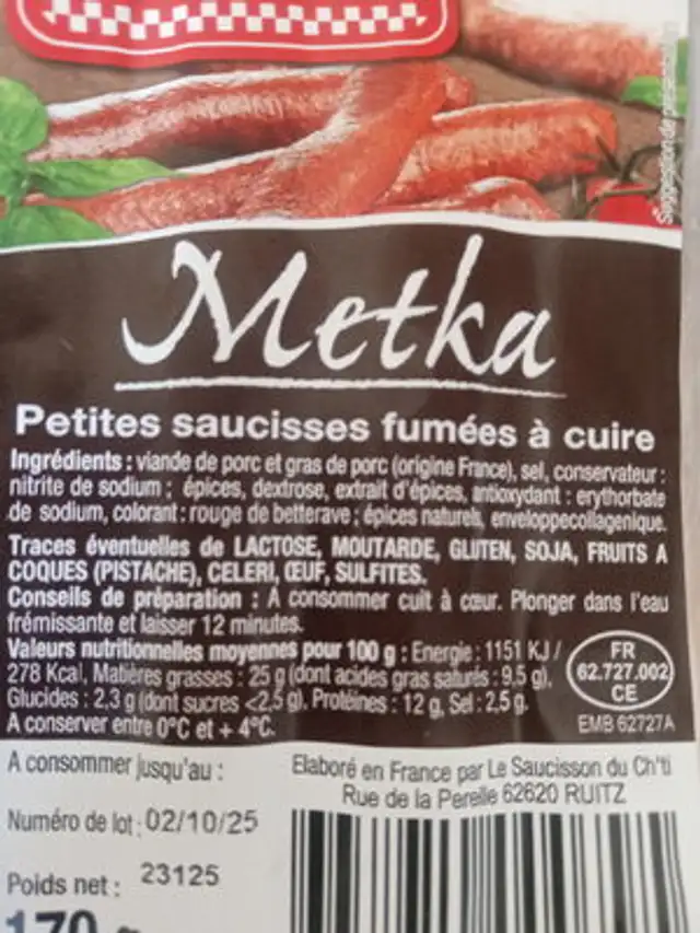 Metka petites saucisses fumées ingredients label