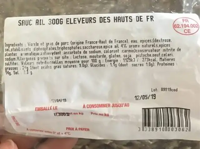 Saucisson ail ingredients label