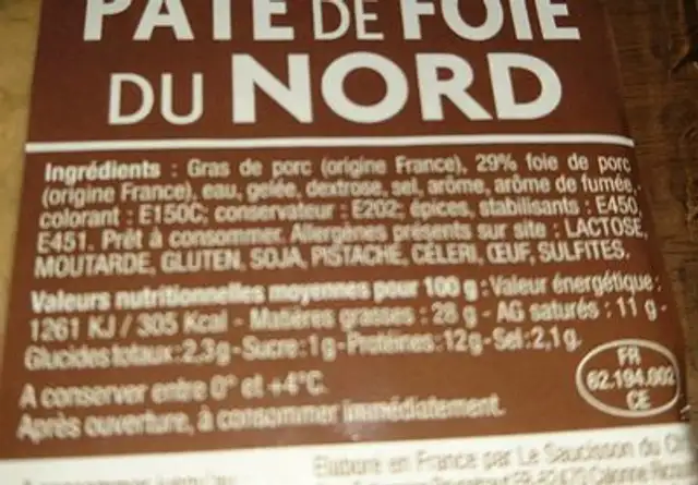 PATE DU NORD ingredients label