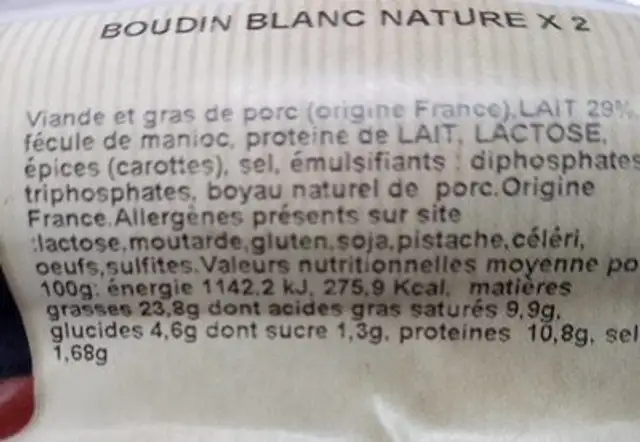 Boudin blanc nature ingredients label
