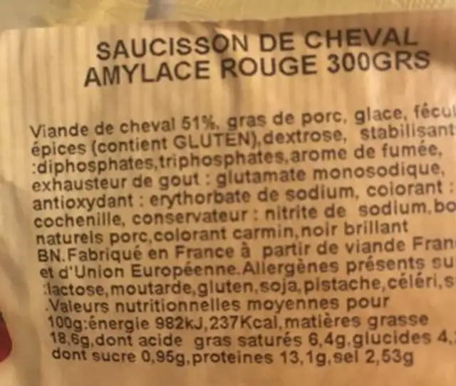 Vasseur Saucisson Cheval Amylace ingredients label