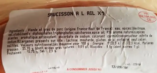 Saucisson à L'ail Fumé De Pays, L'unité De 300g ingredients label