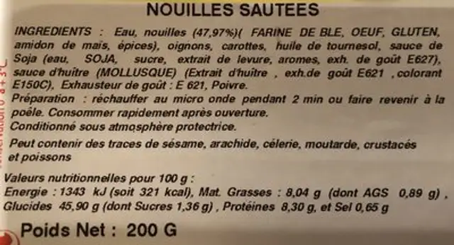 Nouilles Chinoises Sautées 200G ingredients label