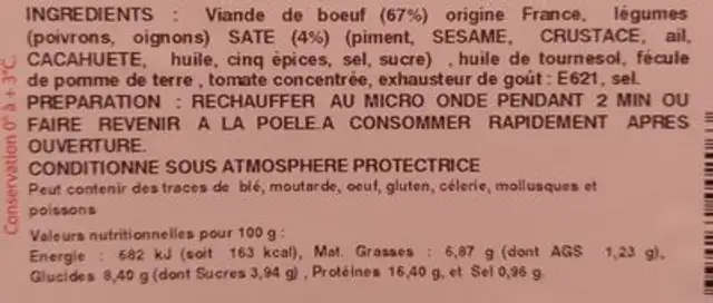 Boeuf Au Saté 200G ingredients label
