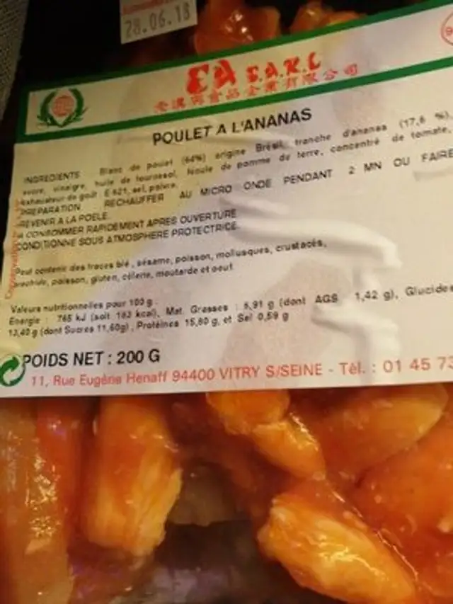 Poulet à L'ananas 200G nutrition facts table