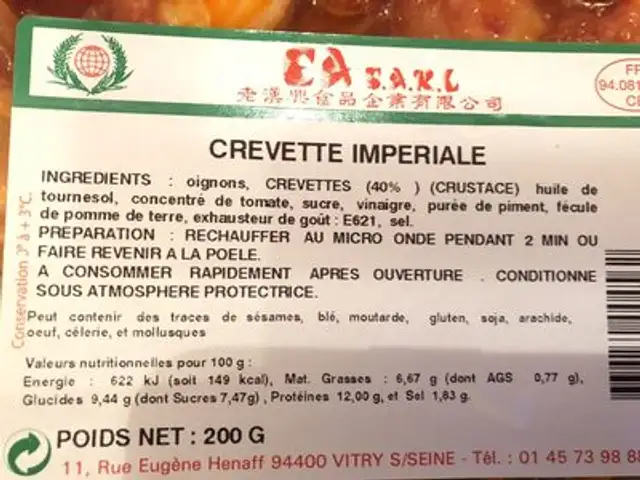 Crevette imperiale ingredients label