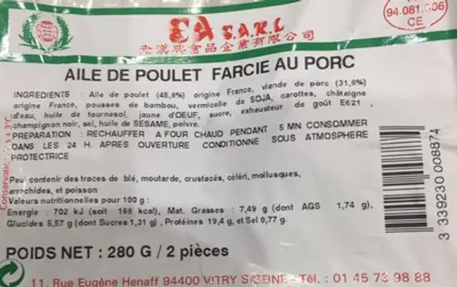 Ailes De Poulet Farcies Au Porc 280G ingredients label