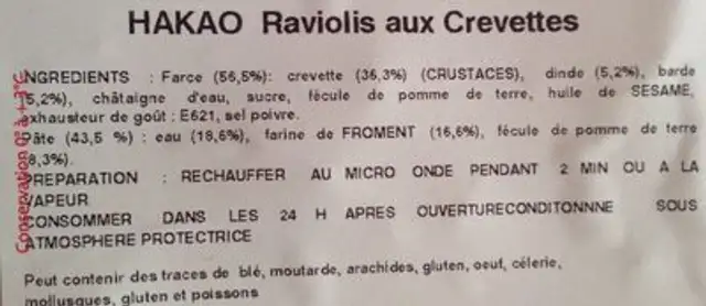 Hakao Raviolis aux crevettes ingredients label