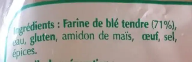 Pâtes Fraîches ingredients label