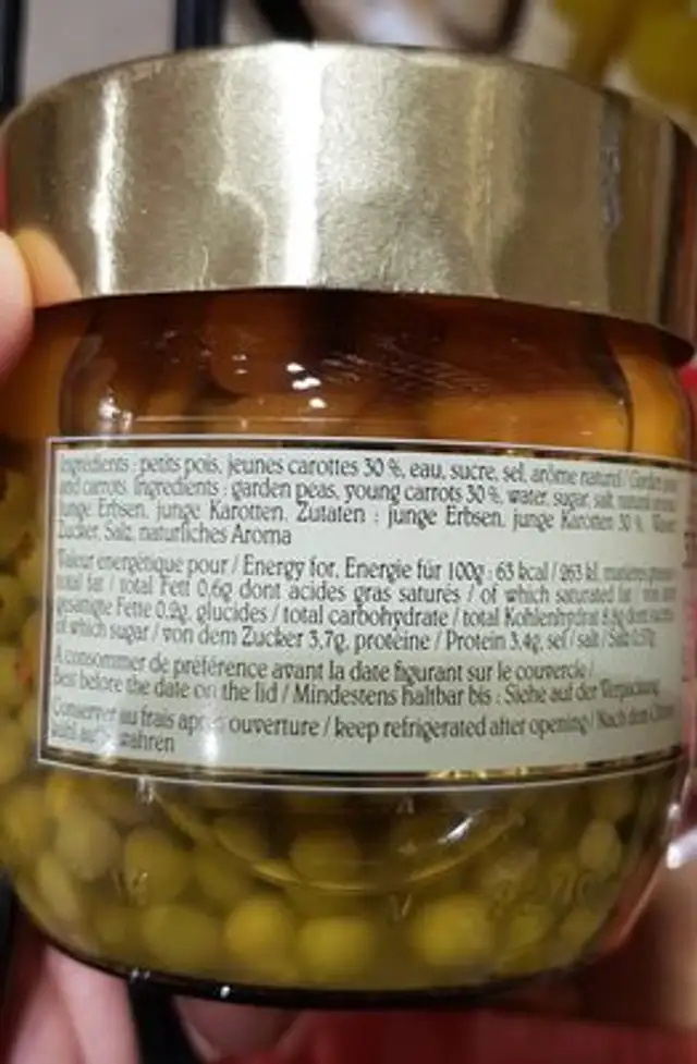 Pois Extra Fins Et Jeunes Carottes 37CL ingredients label