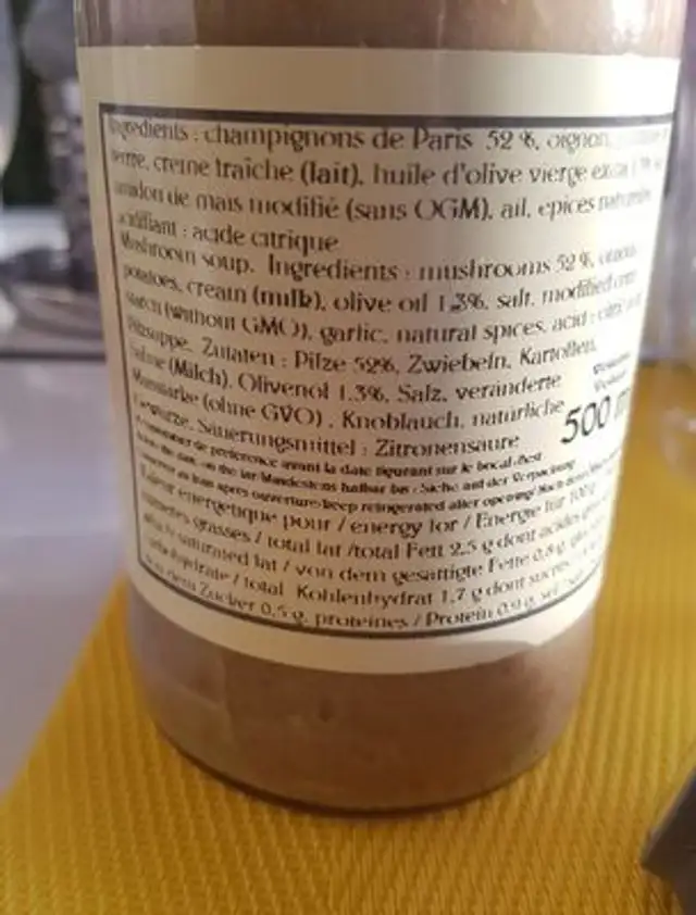 Velouté de champignons ingredients label