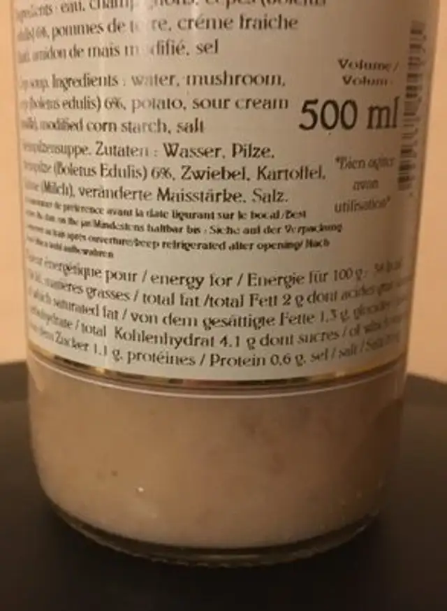 Velouté de cèpes ingredients label