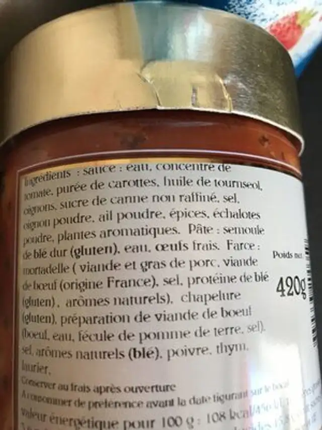 Raviolis a La Viande 44.6CL ingredients label