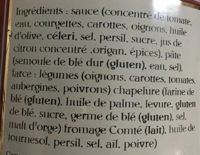 Ravioli Aux Legumes Sauce Toscane 680G ingredients label