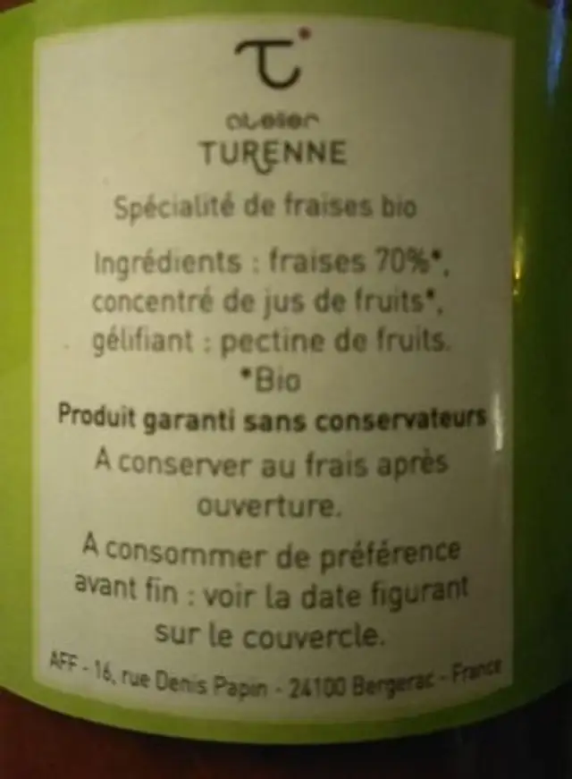 La Confiturenne de Fraises Bio ingredients label