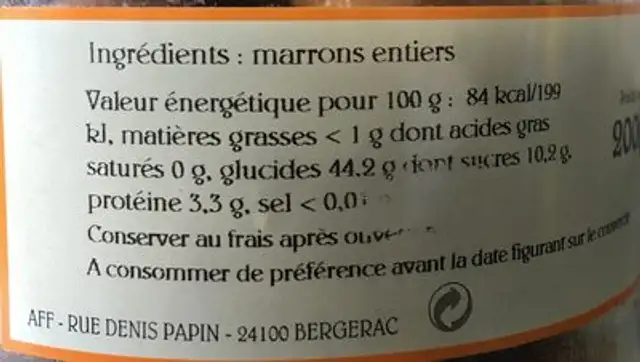 Marrons entiers pelés ingredients label
