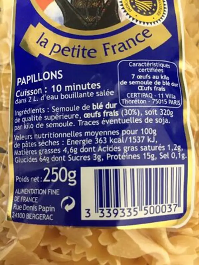 Pâtes d'Alsace ingredients label