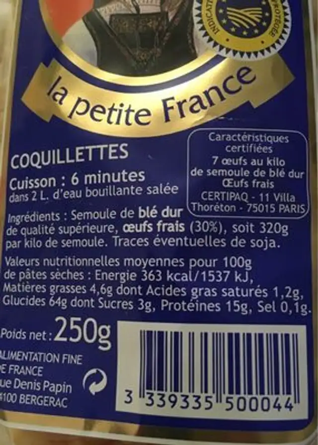 Pâtes d'alsace la petite france ingredients label