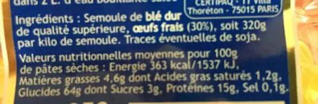 Pâtes d'Alsace ingredients label