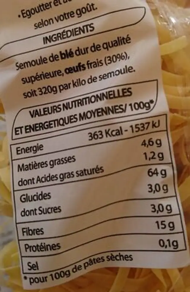 Pâtes d'Alsace nutrition facts table