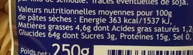 Pates d'alsace nutrition facts table