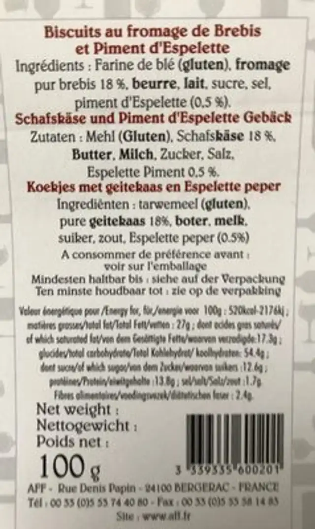 Biscuits au fromage de brebis et piment d'espelette ingredients label