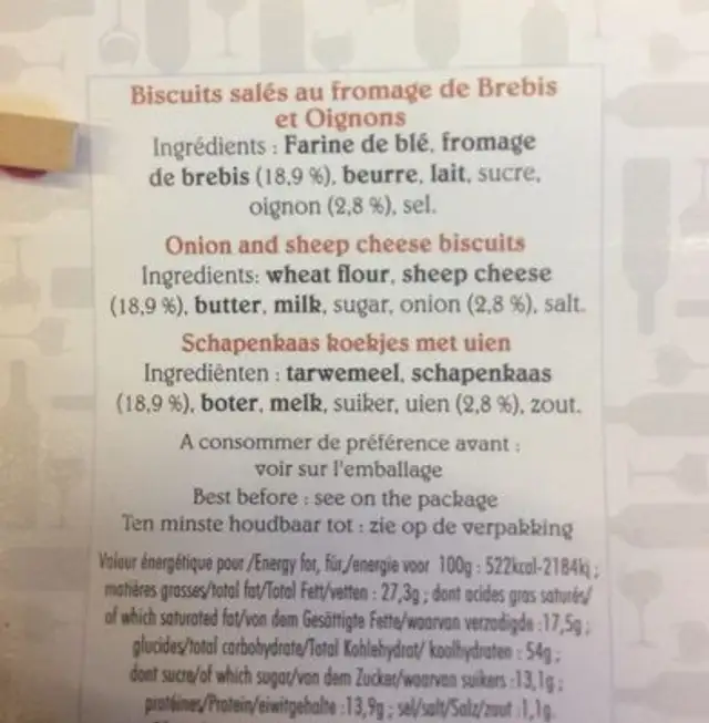 Biscuit salé au fromage de Brebis et Oignons ingredients label