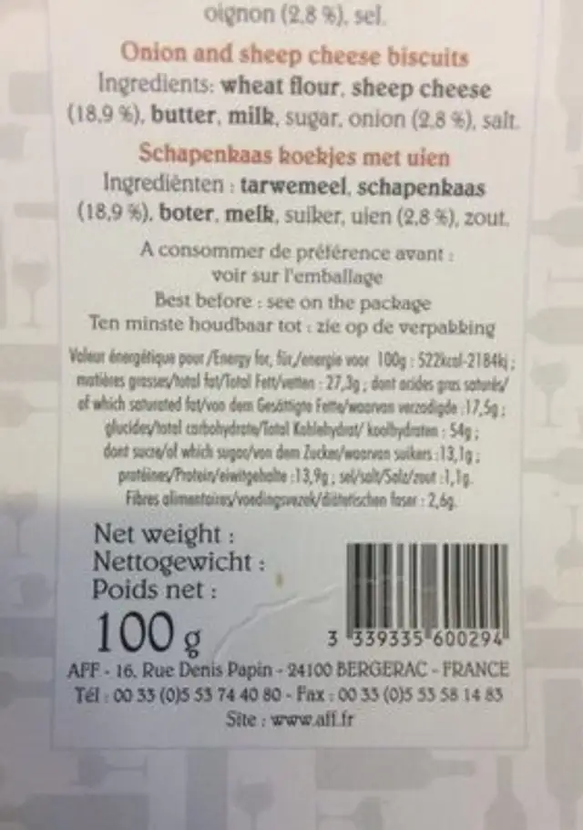 Biscuit salé au fromage de Brebis et Oignons nutrition facts table