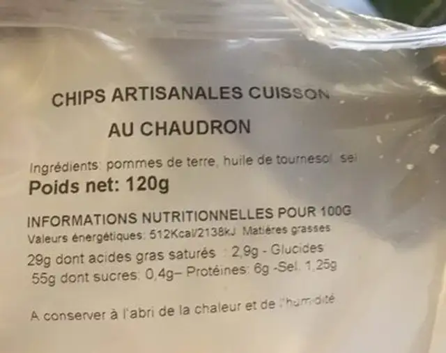 Chips artisanales cuisson au chaudron ingredients label