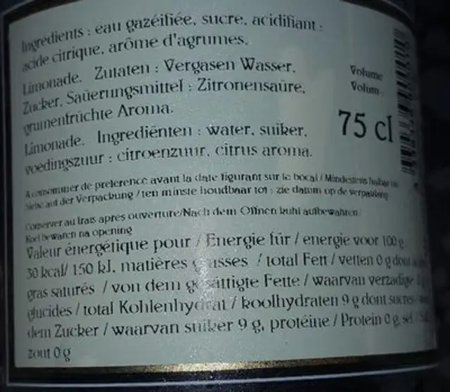 Limonade Natuur 75CL nutrition facts table