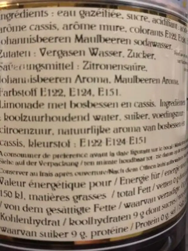 Soda Mure Cassis ingredients label