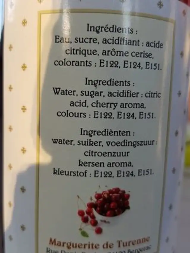 Sirop cerise griotte ingredients label