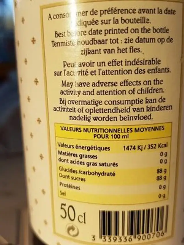 Sirop cerise griotte nutrition facts table