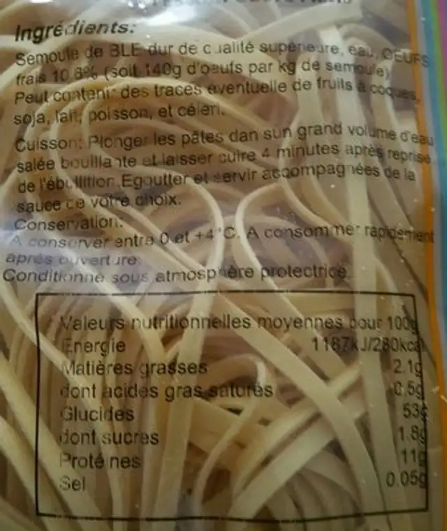 Pâtes fraîches spaghetti ingredients label