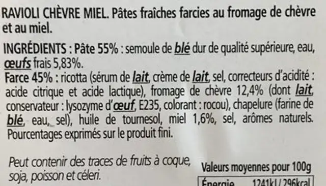 Ison, Ravioli au Chevre affine et au miel, la barquette de ingredients label