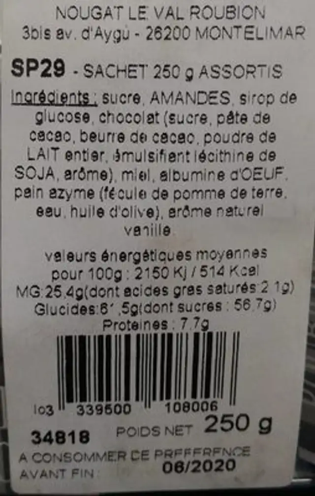 Nougat le val roubion ingredients label