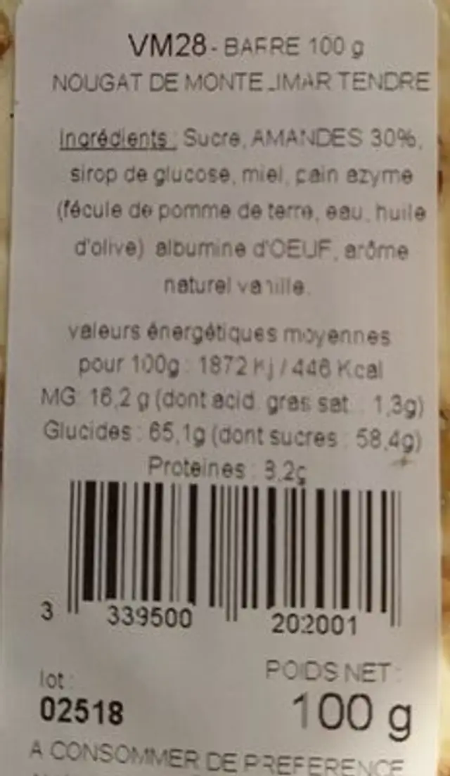 Nougat ingredients label