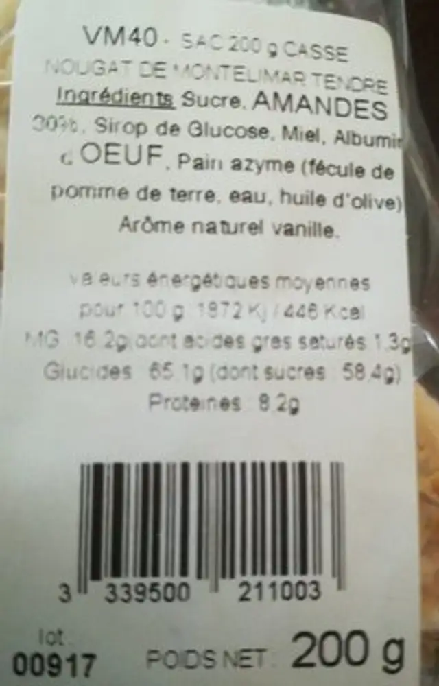 Nougat ingredients label
