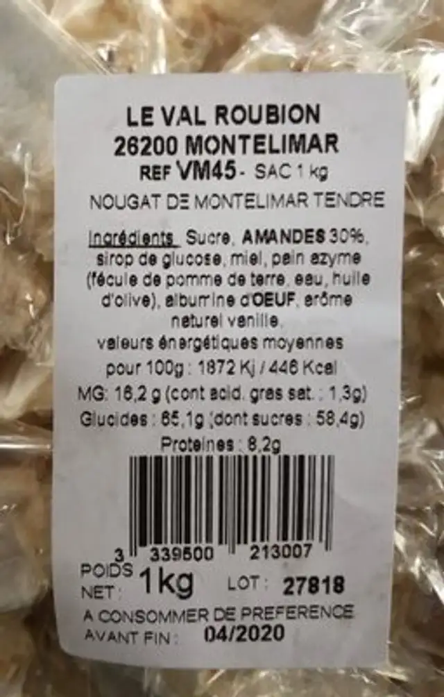 nougat de Montélimar ingredients label