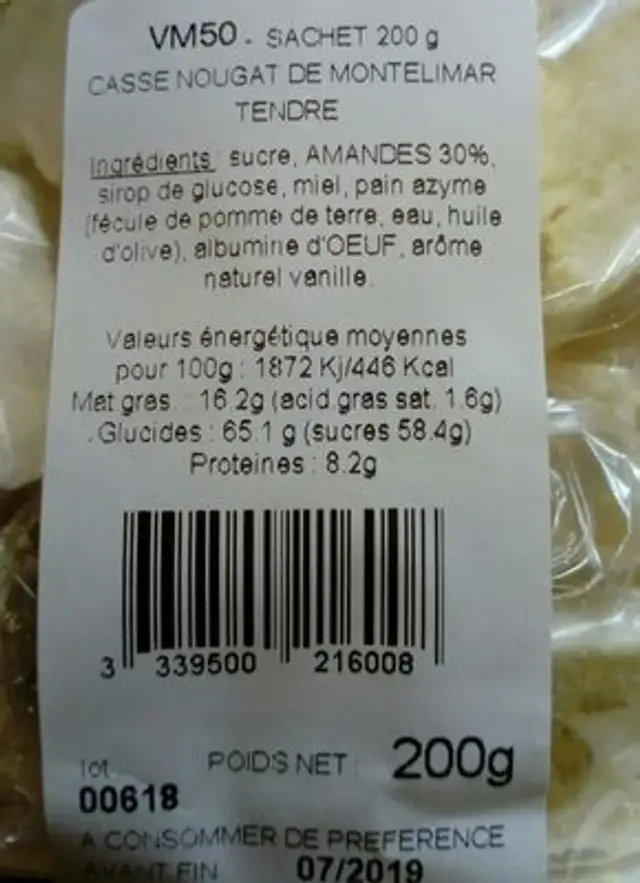 Nougat de montelimar ingredients label