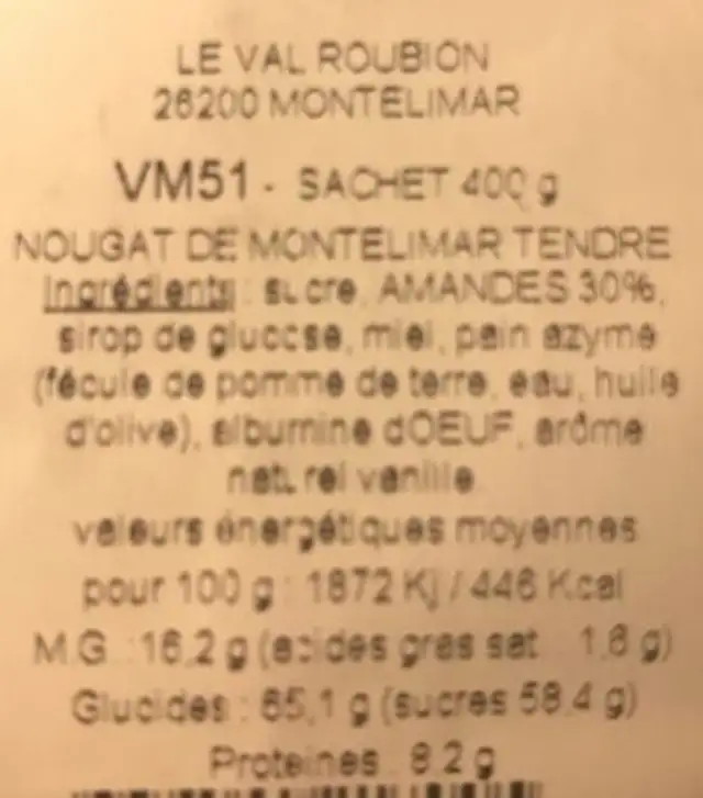 Nougat de Montélimar ingredients label
