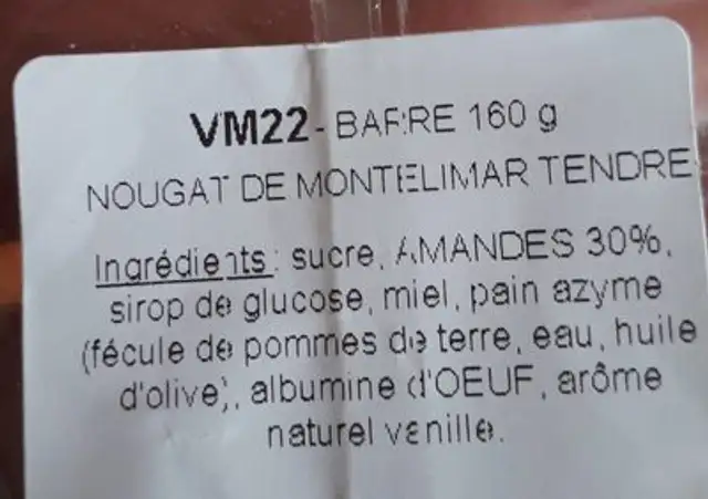 Nougat de montelimar ingredients label